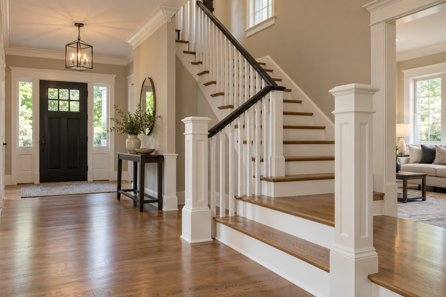 Illustrative entryway with painted walls and stair trim
